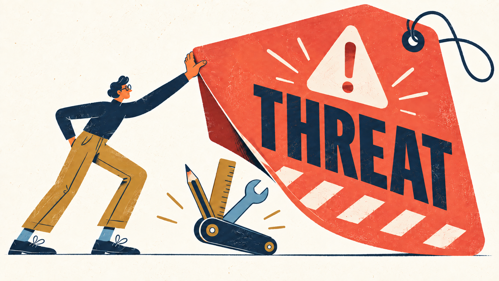Editorial illustration of a person pushing back an oversized warning tag labeled Threat to reveal a multipurpose tool