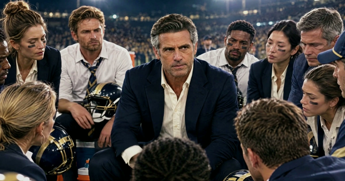 A business leader addressing a focused team in a stadium sideline huddle