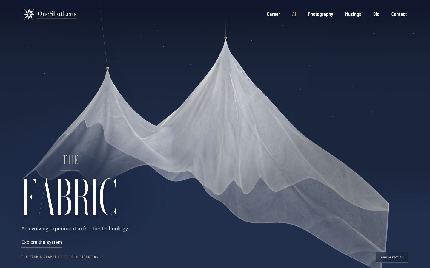 Live AI page captured October 27, 2026: luminous silk suspended from two gold nodes against a navy sky, with The Fabric title at lower left